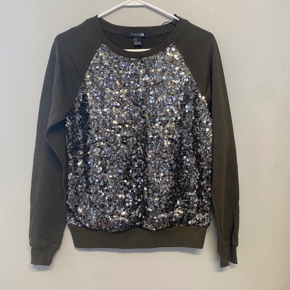 Forever 21 Brown Sequin Sweatshirt Size Small Raglan Style